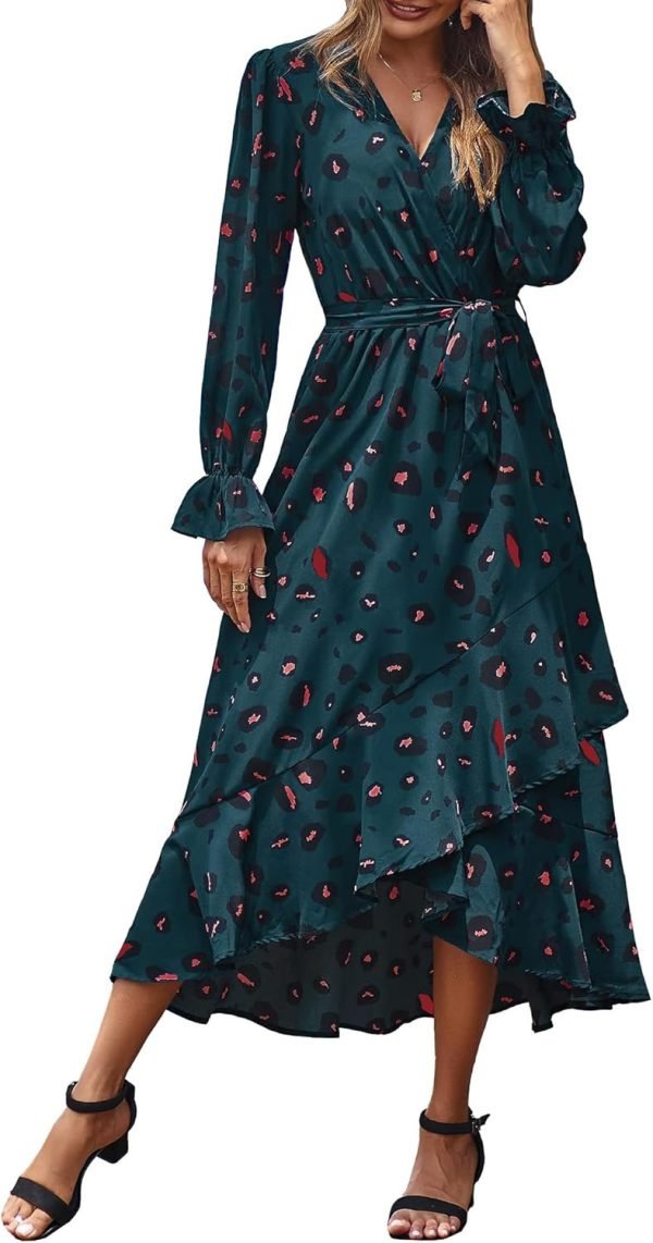 Saonta  Women Long Sleeve Wrap Maxi Dress V Neck Boho Floral High Waist Flowy Ruffle 2024 Spring Summer Dresses with Belt