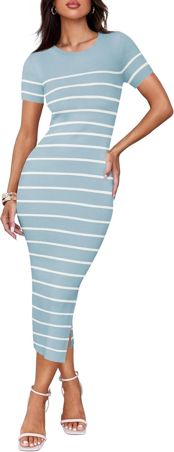 Saonta Women's Summer Bodycon Midi Dress 2024 Striped Short Sleeve Ribbed Knit Slim Fit Side Slit T Shirt Dresses