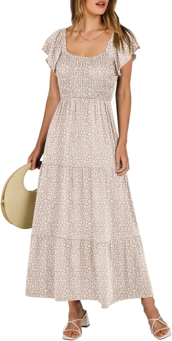 Saonta  Women's 2024 Summer Casual Maxi Dress Flutter Sleeve Scoop Neck Smocked Tiered A Line Flowy Beach Long Sun Dresses