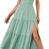 Saonta  Women's Summer One Shoulder Sleeveless Knot Smocked Midi Dress Split Tiered Flowy Dresses