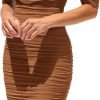 Saonta  Womens Summer Off The Shoulder Ruched Bodycon Dresses Sleeveless Fitted Party Club Midi