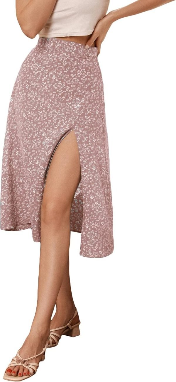 Saonta  Women's Sexy Boho Floral Split Thigh High Waist Swing Midi Skirt
