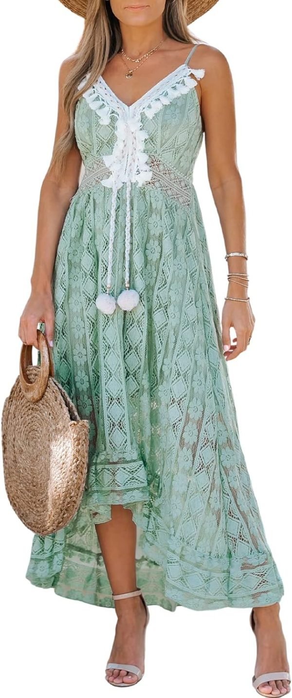 Saonta  Women's Maxi Dress Lace Dresses Boho Tassel V-Neck Flare Ruffle Adjustable Straps Beach Summer Long Dress