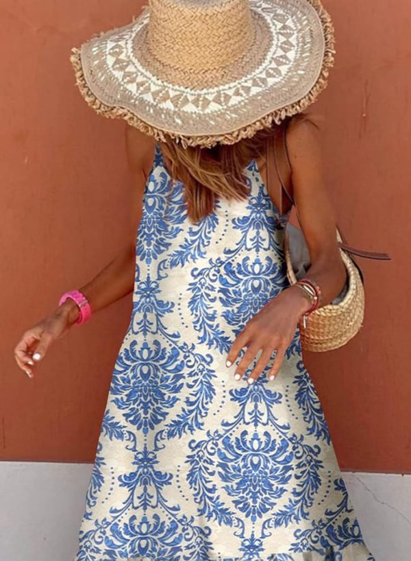 Saonta  Women Summer Dresses 2024 Spaghetti Strap Scoop Neck Smocked Ruffle Flowy Boho Maxi Dress