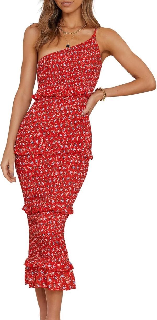 Saonta  Womens Floral Summer One Shoulder Strappy Tiered Ruffle Midi Bodycon Dresses