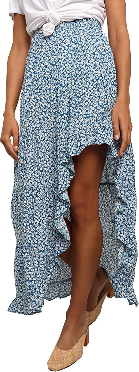 71XTGycWw0L._AC_SL1500 Saonta Women 2024 Summer Spring Boho Long Skirts Dress Floral Print Elastic Waist Split Ruffle High Low Beach Maxi Skirt