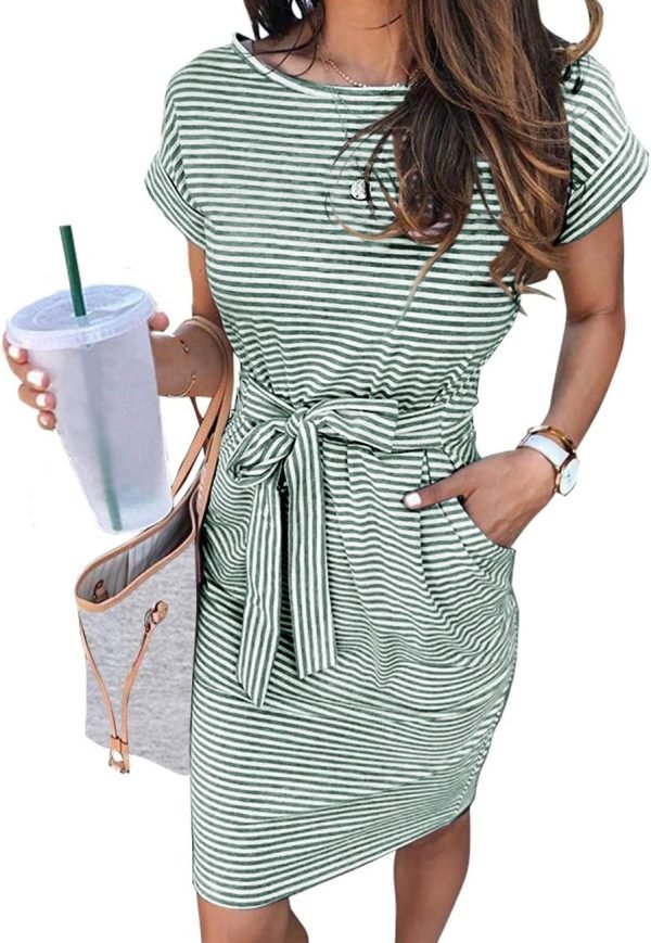 Saonta  Women's Summer Striped Short Sleeve T Shirt Dress Casual Tie Waist with Pockets