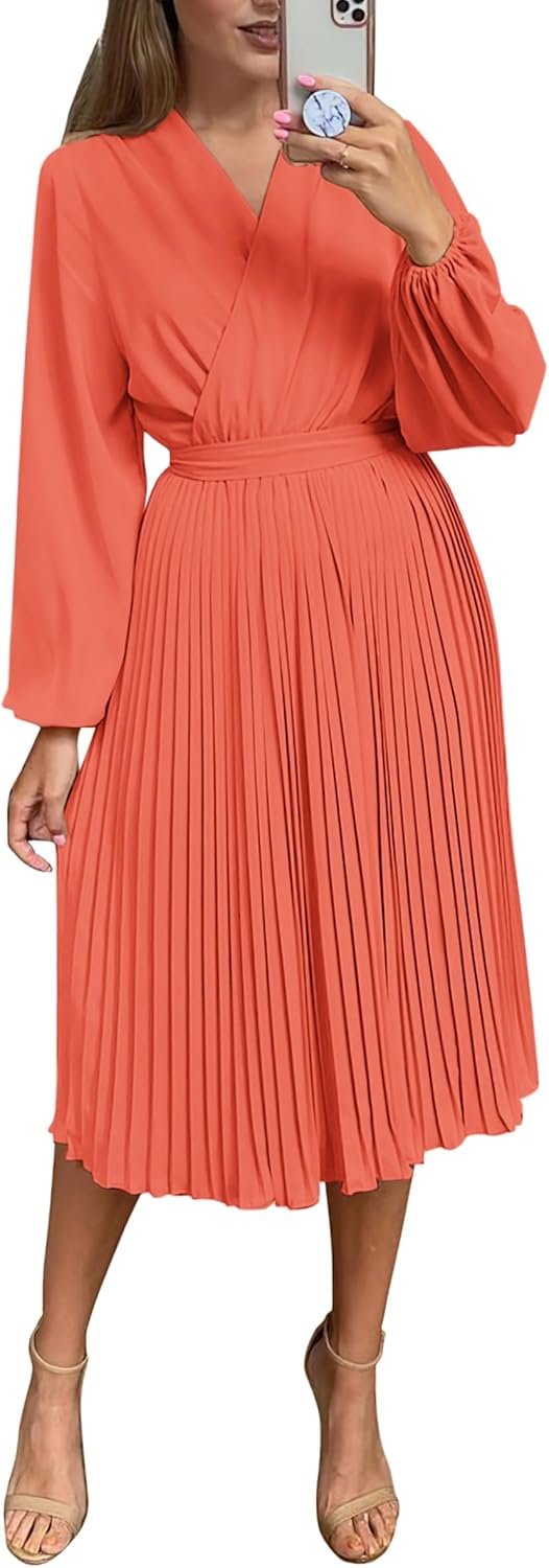 Saonta  Womens V Neck Flowy Ruffle Pleated Casual Fall Dress