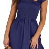 Saonta  Womens Summer Casual Sleeveless Square Neck Smocked Ruffle Backless Boho Mini Dress 2024 Trendy Short Sundress