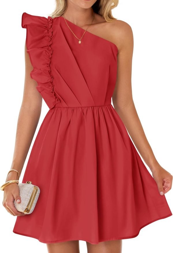 Saonta Women's Summer One Shoulder Ruffle Dress 2024 Boho Sleeveless Elastic High Waist Swing Mini Dresses