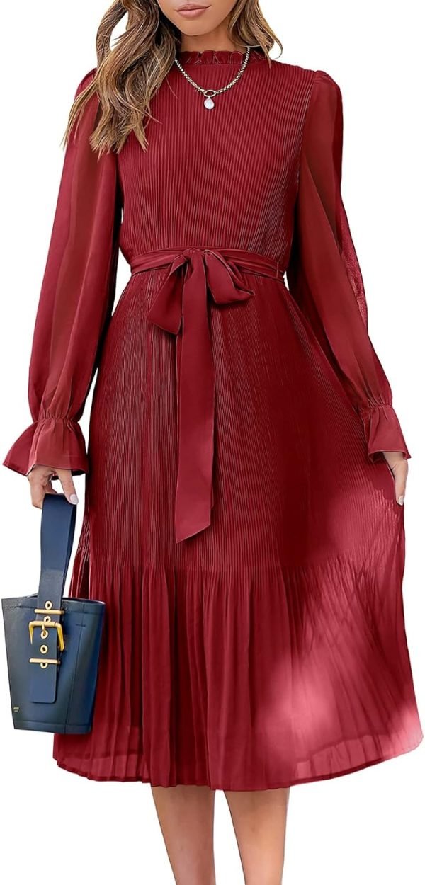 Saonta  Women's Floral Midi Dress Puff Long Sleeve Casual Ruffle Chiffon A-Line Swing Pleated Belted Tea Party Dresses