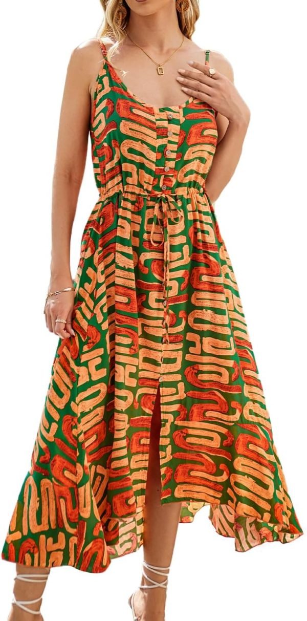 Saonta  Women's 2024 Summer Casual Boho Sundress Polka Dot Spaghetti Strap V Neck Flowy Midi Dresses