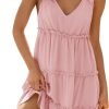 Saonta Womens Summer Casual V Neck Sleeveless Mini Dress 2024 Tie Shoulder Tiered Ruffle Swing A Line Short Sundresses