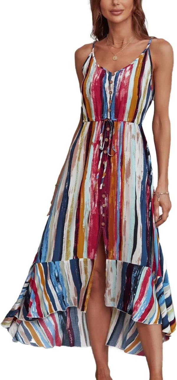 Saonta  Women's 2024 Summer Casual Boho Sundress Polka Dot Spaghetti Strap V Neck Flowy Midi Dresses