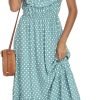 Women's Polka Dots Short Sleeve V Neck Dresses Vintage Boho Maxi Summer Dress with Stretchy Waist