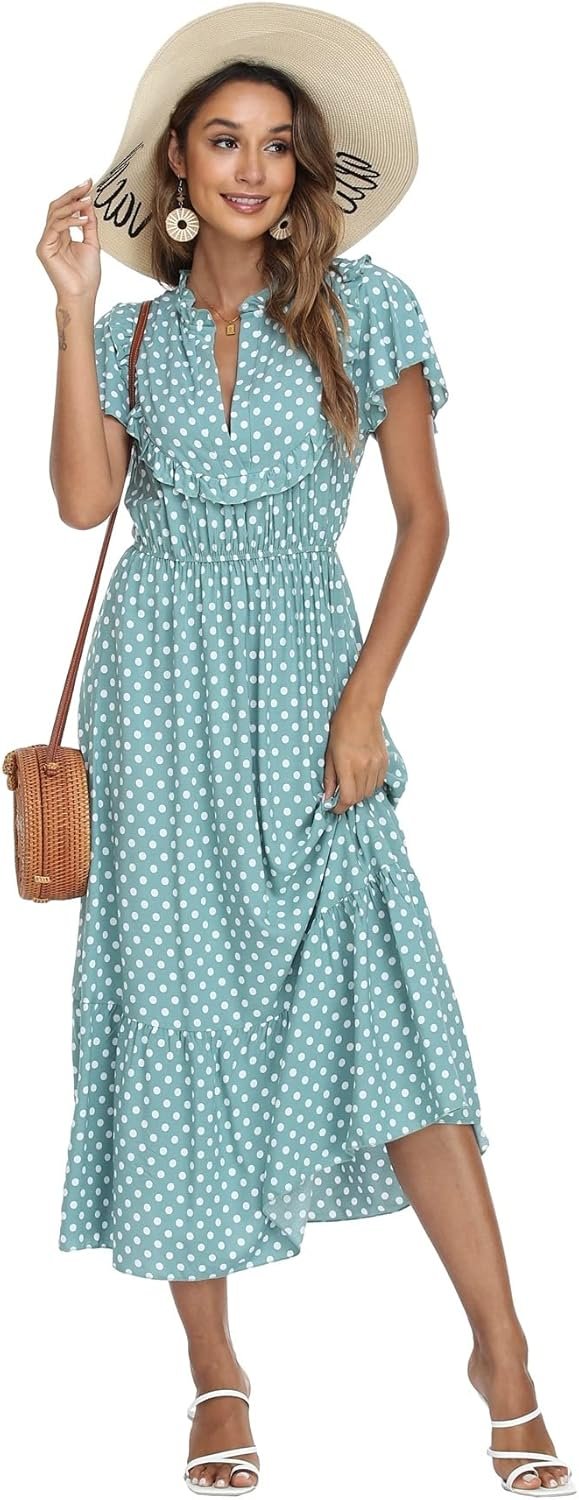 Women's Polka Dots Short Sleeve V Neck Dresses Vintage Boho Maxi Summer Dress with Stretchy Waist
