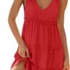 Saonta Womens Summer Casual V Neck Sleeveless Mini Dress 2024 Tie Shoulder Tiered Ruffle Swing A Line Short Sundresses