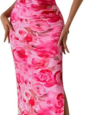 Saonta  Women's Summer Maxi Bodycon Dresses Strapless Tube Top Printed Long Party Club Slit Dress
