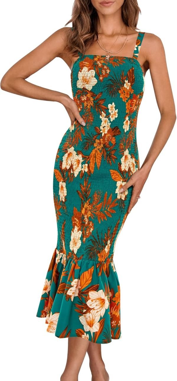 Saonta Womens Sleeveless Strappy Ruffle Hem Smocked Bodycon Dress