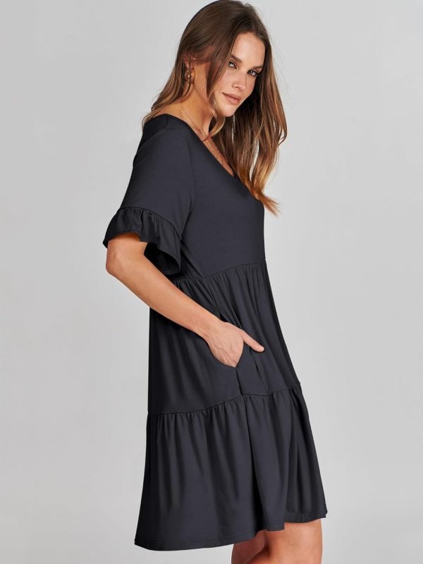 Saonta  Women's 2024 Summer Trendy V Neck Ruffle Short Sleeve A Line Tiered Flowy Casual Mini Beach Dress with Pockets