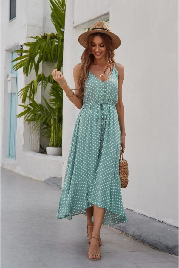Saonta  Women's 2024 Summer Casual Boho Sundress Polka Dot Spaghetti Strap V Neck Flowy Midi Dresses