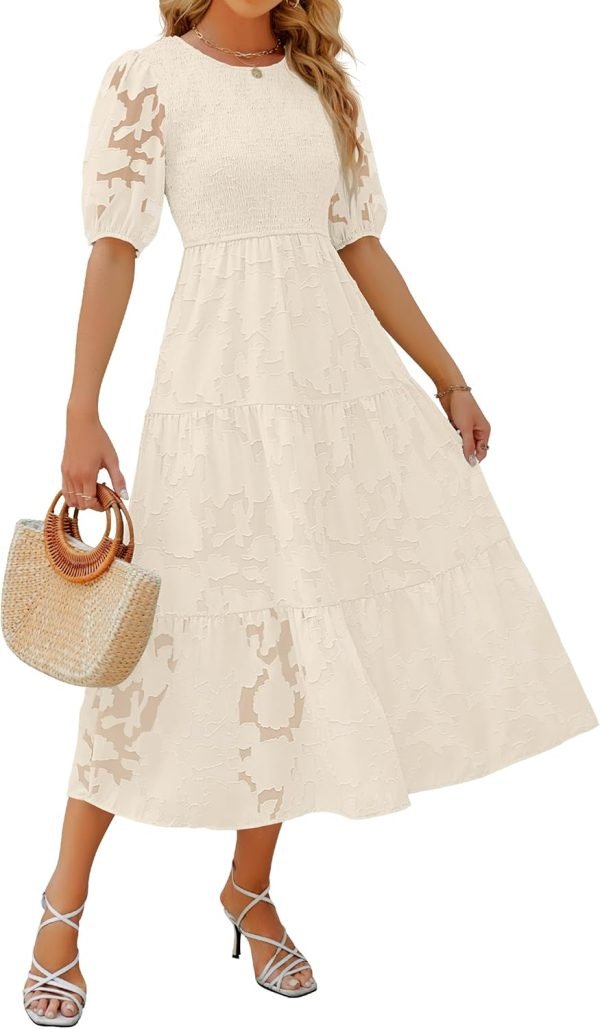 Saonta Women's 2024 Summer Short Puff Sleeve Crewneck Smocked Floral Lace Flowy A Line Tiered Maxi Dresses