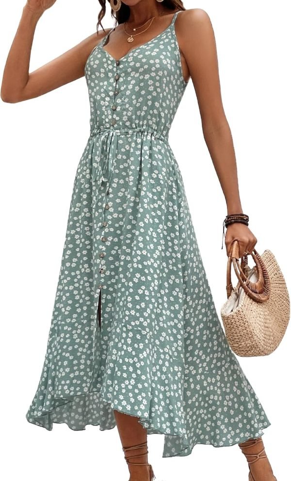 Saonta  Women's 2024 Summer Casual Boho Sundress Polka Dot Spaghetti Strap V Neck Flowy Midi Dresses