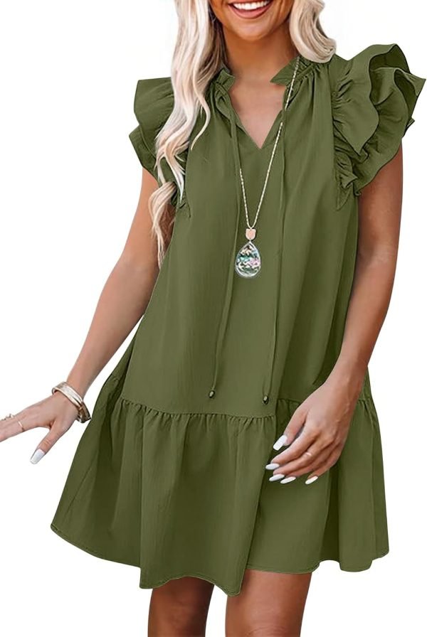 Saonta  Womens Summer V-Neck Drawstring Ruffle Cap Short Sleeve Casual Shift Mini Dress with Pockets
