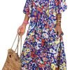Saonta  Womens Loose Fit Casual Summer V Neck Half Sleeve Bohemian Geometric Pattern Maxi Long Dresses
