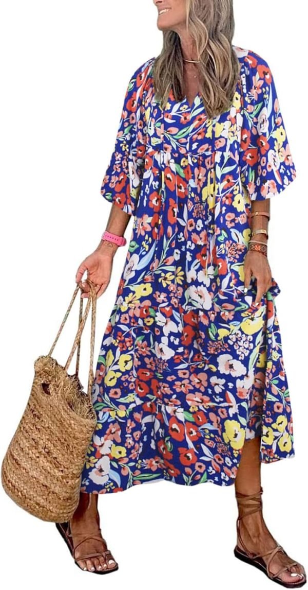 Saonta  Womens Loose Fit Casual Summer V Neck Half Sleeve Bohemian Geometric Pattern Maxi Long Dresses
