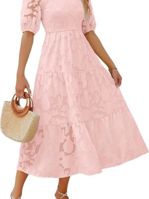 Saonta Women's 2024 Summer Short Puff Sleeve Crewneck Smocked Floral Lace Flowy A Line Tiered Maxi Dresses