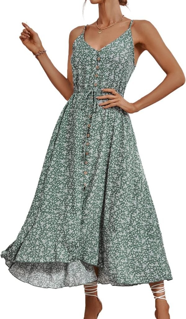 Saonta  Women's 2024 Summer Casual Boho Sundress Polka Dot Spaghetti Strap V Neck Flowy Midi Dresses