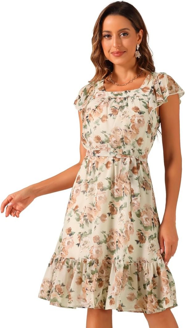 Saonta  K Women's Floral Chiffon Flutter Sleeve Belted Square Neck Ruffled Hem Dress