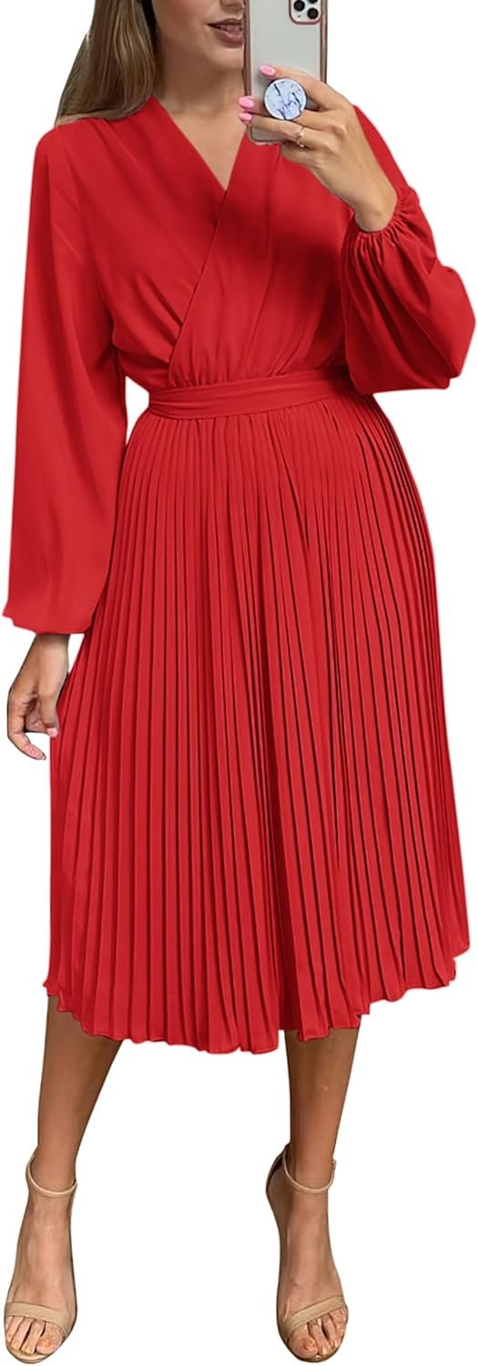Saonta  Womens V Neck Flowy Ruffle Pleated Casual Fall Dress