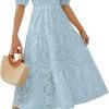 Saonta Women's 2024 Summer Short Puff Sleeve Crewneck Smocked Floral Lace Flowy A Line Tiered Maxi Dresses