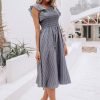 Saonta  Women's Striped Linen Midi Dress Elegant Square Neck Ruffle Cap Sleeves Maternity Dress 2024 Summer Beach Dress