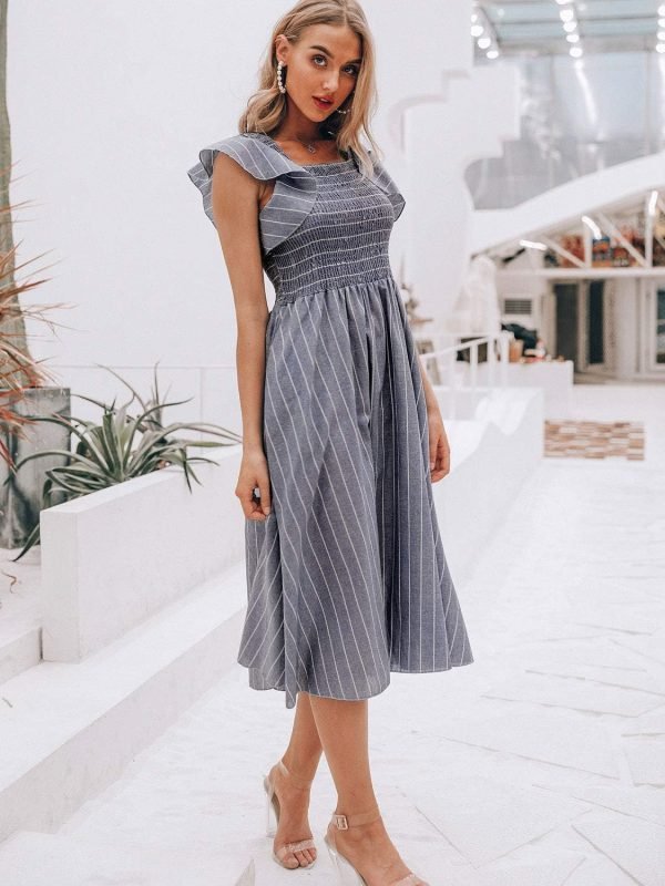 Saonta  Women's Striped Linen Midi Dress Elegant Square Neck Ruffle Cap Sleeves Maternity Dress 2024 Summer Beach Dress