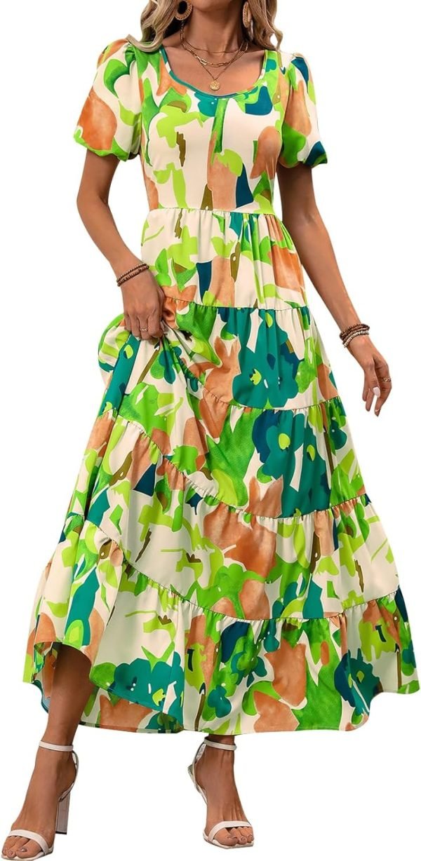 Saonta  Womens Dresses 2024 Puff Sleeve Floral Casual Summer Dresses Smocked Backless Beach Flowy Tiered Maxi Dress