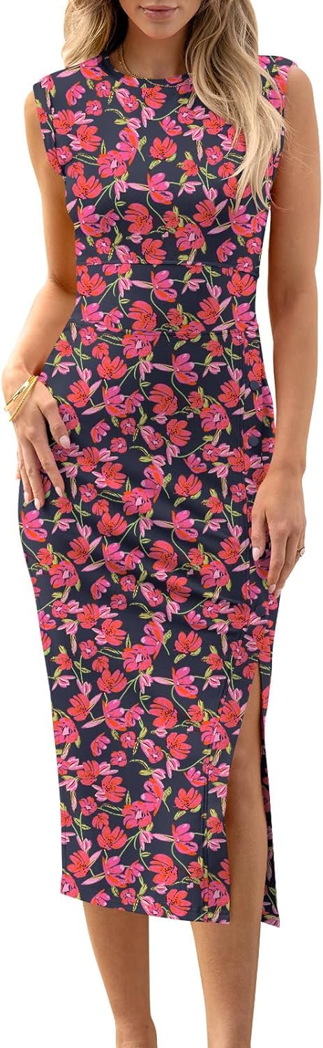 Saonta  Womens Summer Sleeveless Bodycon Midi Dress Button Slit 2024 Fashion Casual Sundress Cocktail Party Dresses