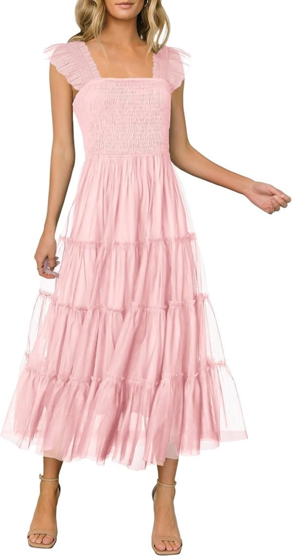 Saonta  Womens 2024 Summer Casual Sleeveless Smocked Ruffle Tulle Flowy Beach Sundress