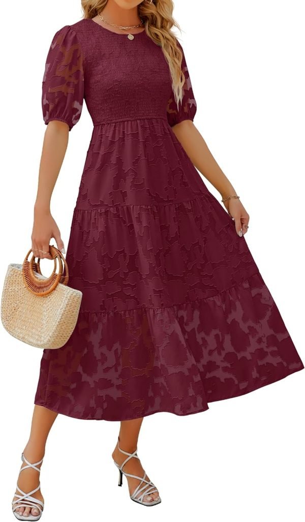 Saonta Women's 2024 Summer Short Puff Sleeve Crewneck Smocked Floral Lace Flowy A Line Tiered Maxi Dresses