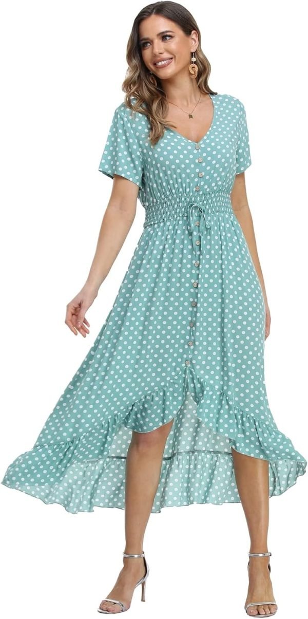 Women's Polka Dots Short Sleeve V Neck Dresses Vintage Boho Maxi Summer Dress with Stretchy Waist