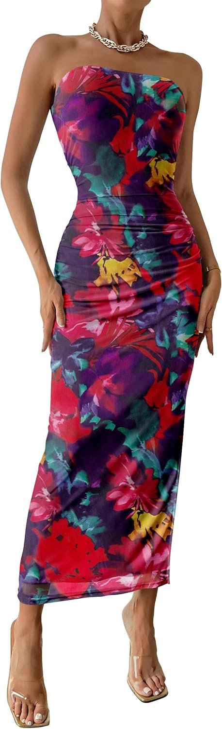 Saonta  Women's Summer Maxi Bodycon Dresses Strapless Tube Top Printed Long Party Club Slit Dress