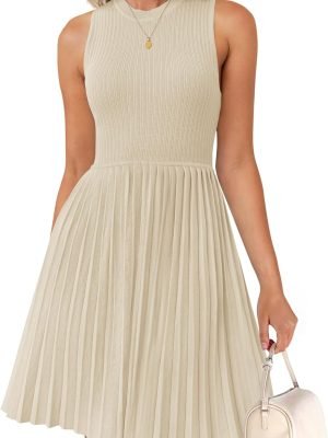 Saonta Women's Summer Sleeveless Mini Dress 2024 Crewneck Knit A Line Pleated Swing Casual Basic Short Dress