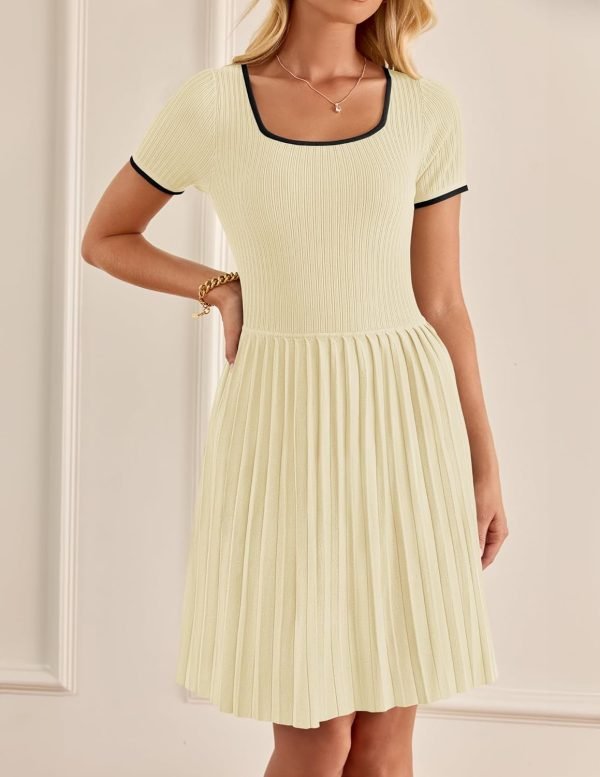 Saonta Women's Ribbed Square Neck Color Block Pleated Mini Dress Short Sleeve A Line Knit Short Dresses