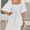 Saonta  Women's Wrap V Neck Short Flared Sleeve Wedding Guest Dress Smocked Elastic Waist Tiered Belted Ruffle Hem Mini Dress