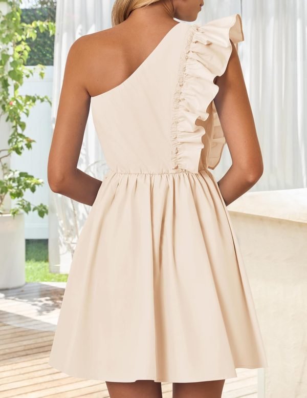 Saonta Women's Summer One Shoulder Ruffle Dress 2024 Boho Sleeveless Elastic High Waist Swing Mini Dresses