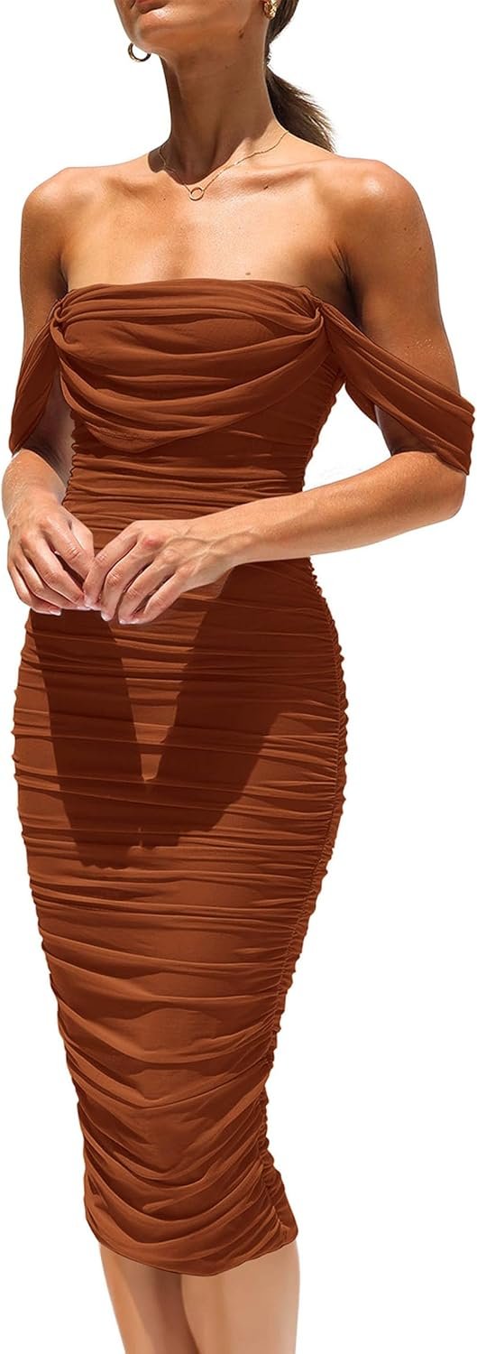 Saonta Womens Summer Off The Shoulder Ruched Bodycon Dresses Sleeveless Fitted Party Club Midi