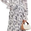 Saonta  Women's Floral Midi Dress Puff Long Sleeve Casual Ruffle Chiffon A-Line Swing Pleated Belted Tea Party Dresses