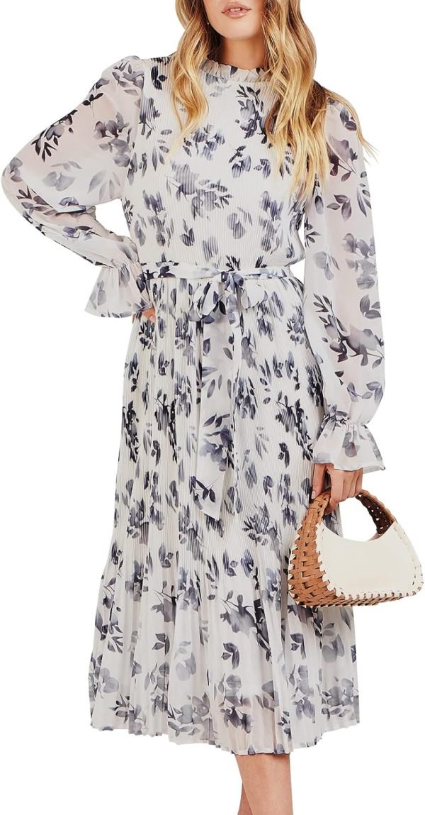 Saonta  Women's Floral Midi Dress Puff Long Sleeve Casual Ruffle Chiffon A-Line Swing Pleated Belted Tea Party Dresses